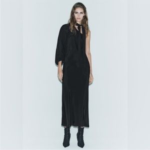 Zara Limited Edition Long Black Asymmetric one sleeve Dress Sz.M